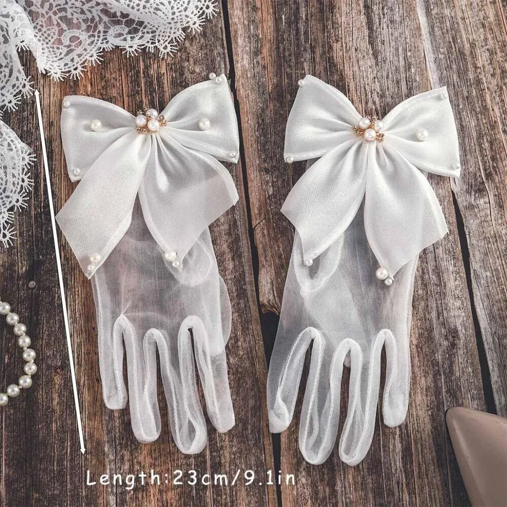 Women's Pearl Bow White Sheer Gloves Bridal Wedding Party Prom Accessory